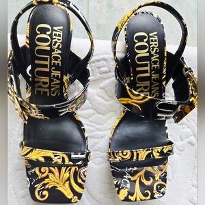 Versace Jeans Couture Black and Gold Patterned Sandals